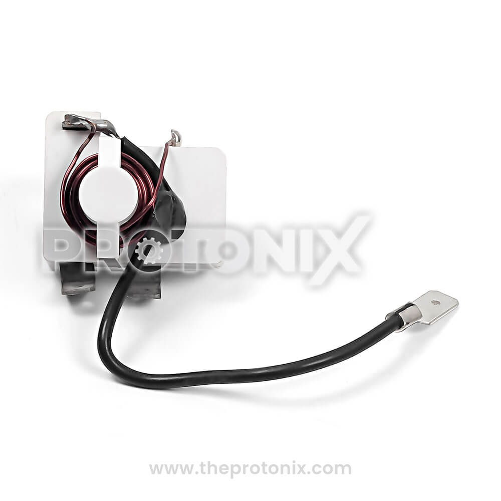 Relay for deep freezer in white casing with copper winding and black cable attached