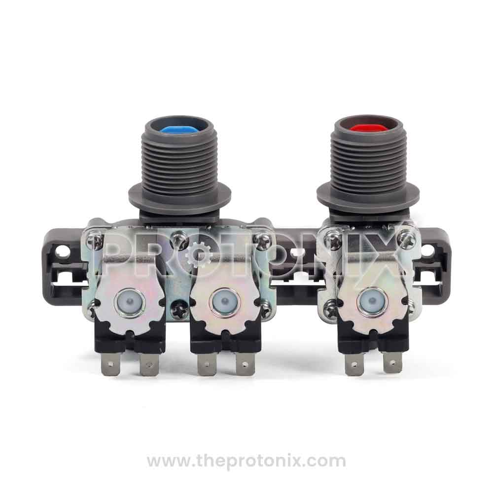 Samsung top-load washing machine gray 3-way water inlet valve featuring connector.