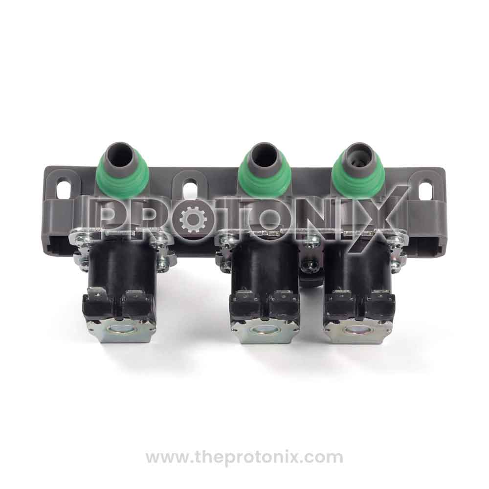 A Samsung top-load 3-way water inlet valve in gray color.