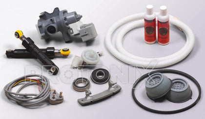 Spare parts for front-load washing machines on a purple-gray background