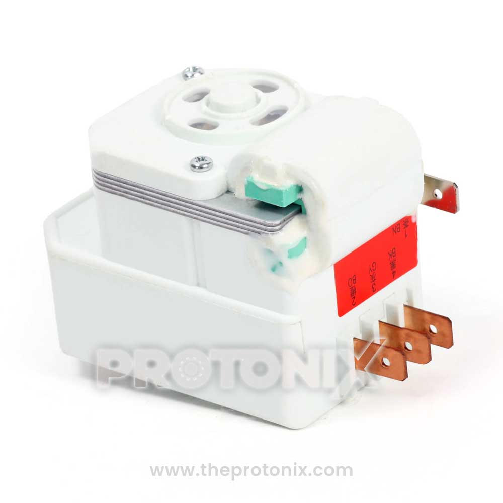 Side view of 3+1 pin defrost timer with a red label for LG refrigerator