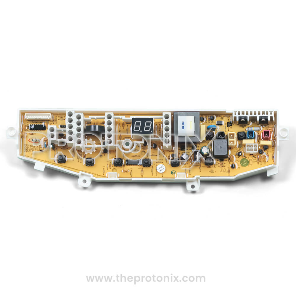 Front view of Samsung top-load 8-button PCB (XQB-52S7A-01) showing circuit layout and connectors
