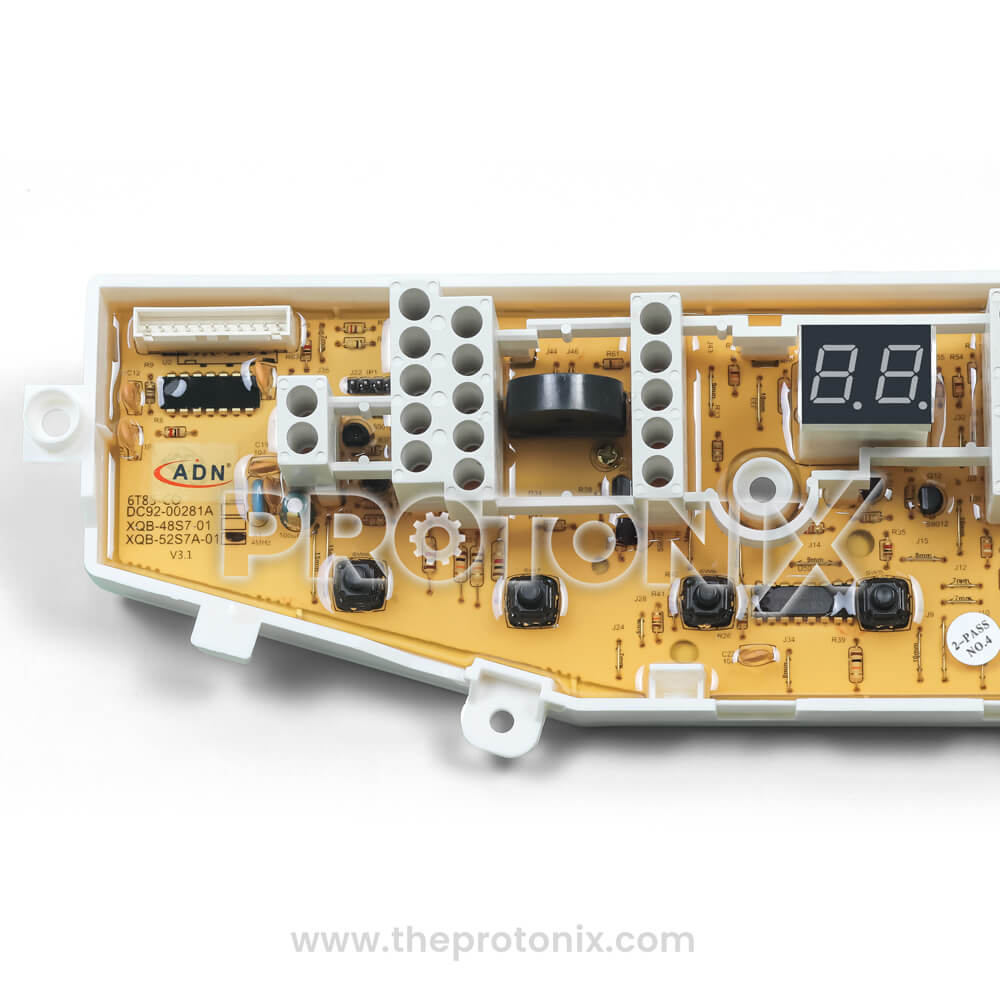 Side profile of Samsung top-load 8-button PCB XQB-52S7A-01 showing circuit board thickness and structure