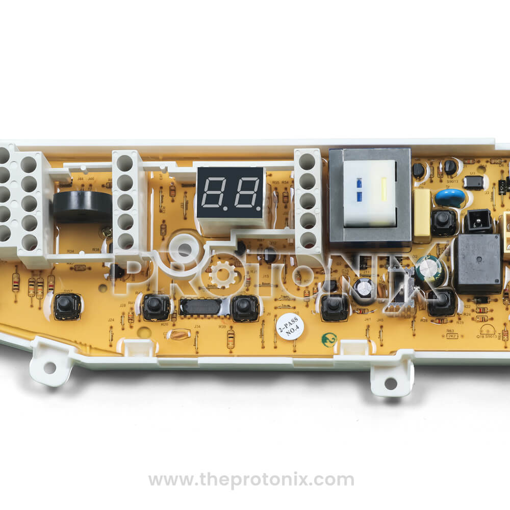 Top view of Samsung top-load 8-button PCB XQB-52S7A-01 highlighting button panel and display area