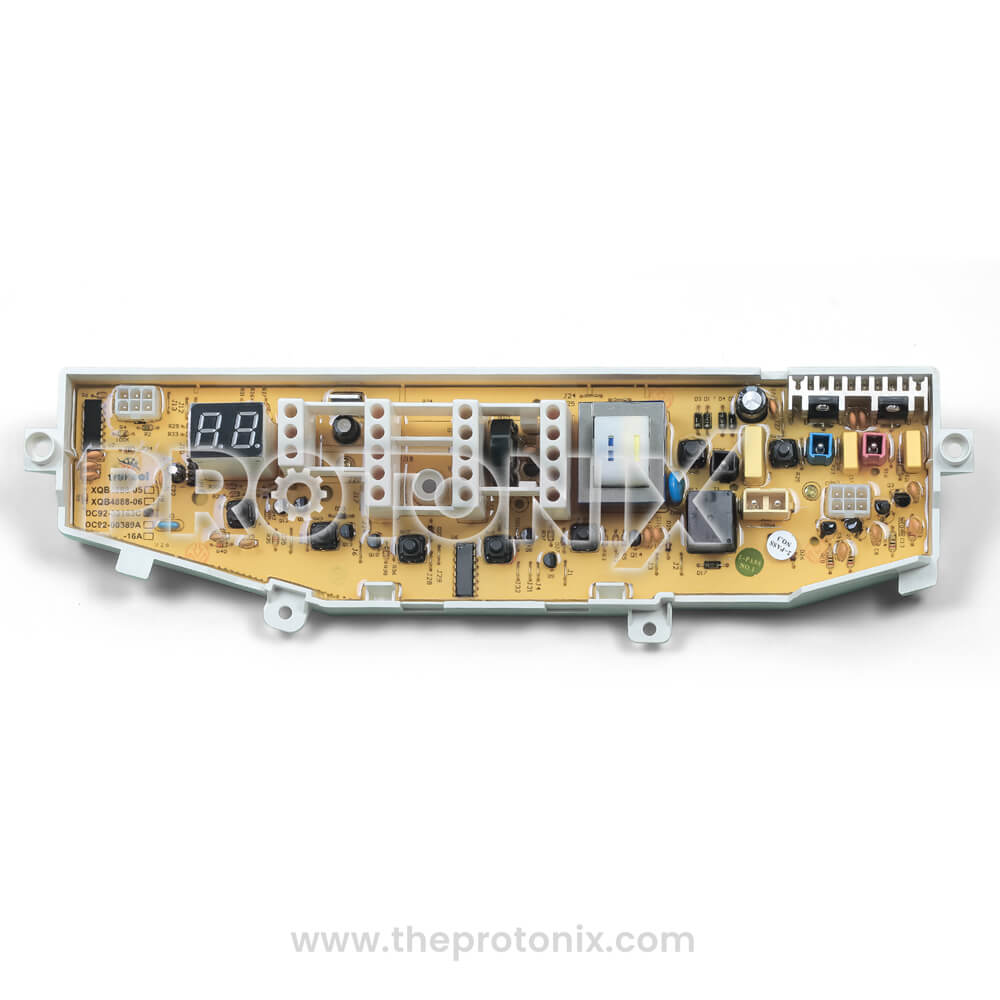 Front view of Samsung top-load 6-button PCB DC92-00163C showing button panel and connector ports