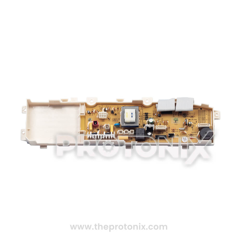 Samsung top-load 11-button PCB DC92-00752A showing capacitors, transformer, and ribbon cable connectors