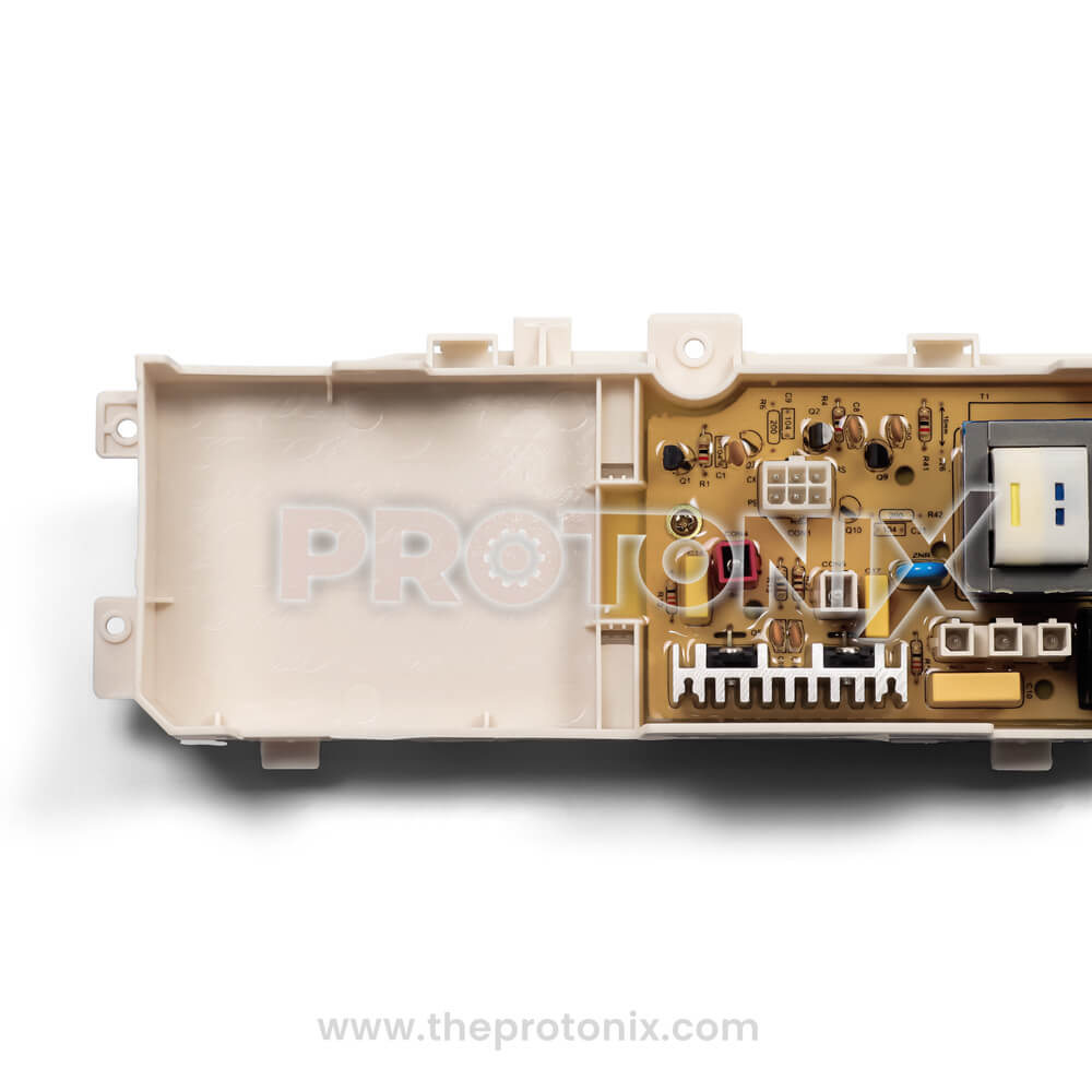 Samsung top-load 11-button PCB DC92-00752A inside housing case showing transformer and connectors