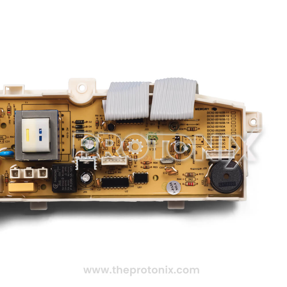 Samsung top-load 11-button PCB DC92-00752A showing transformer, ribbon cables, and memory code list
