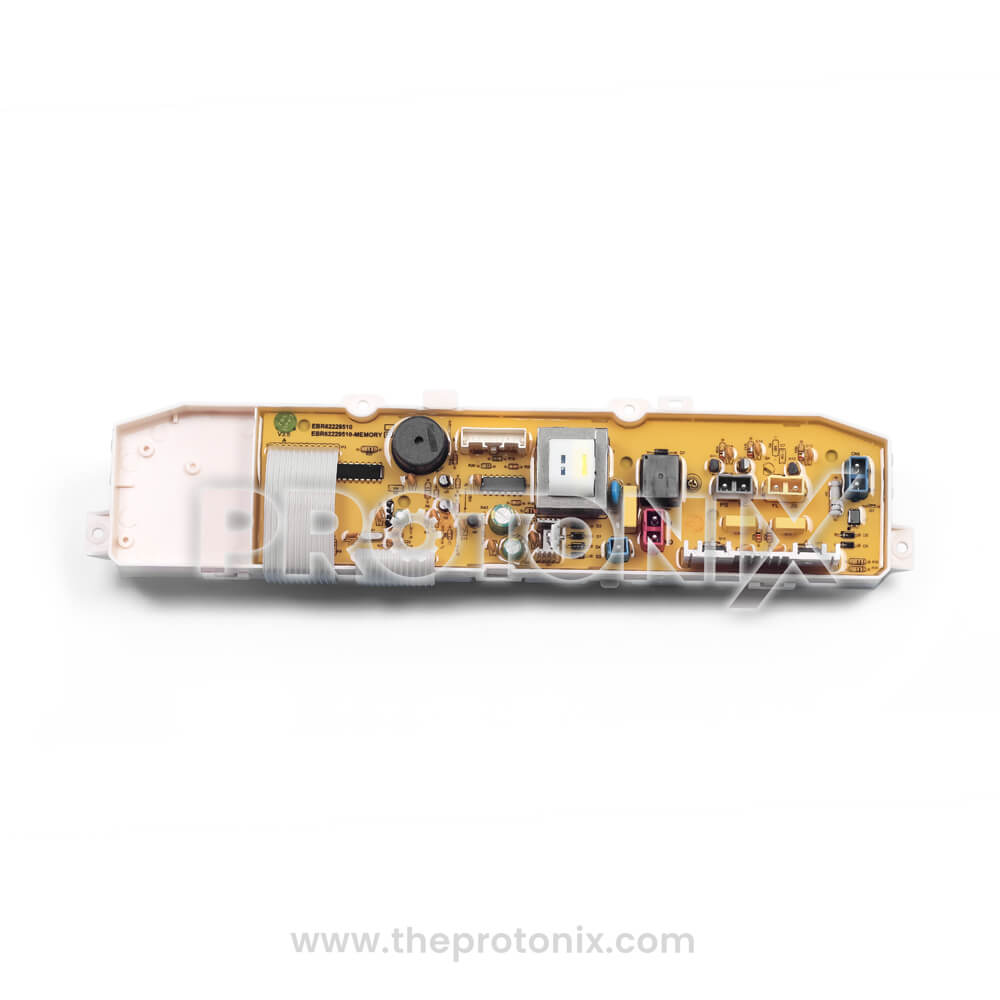 Back view of LG top-load 8-button PCB EBR62229510 showing soldered circuit tracks and wiring points