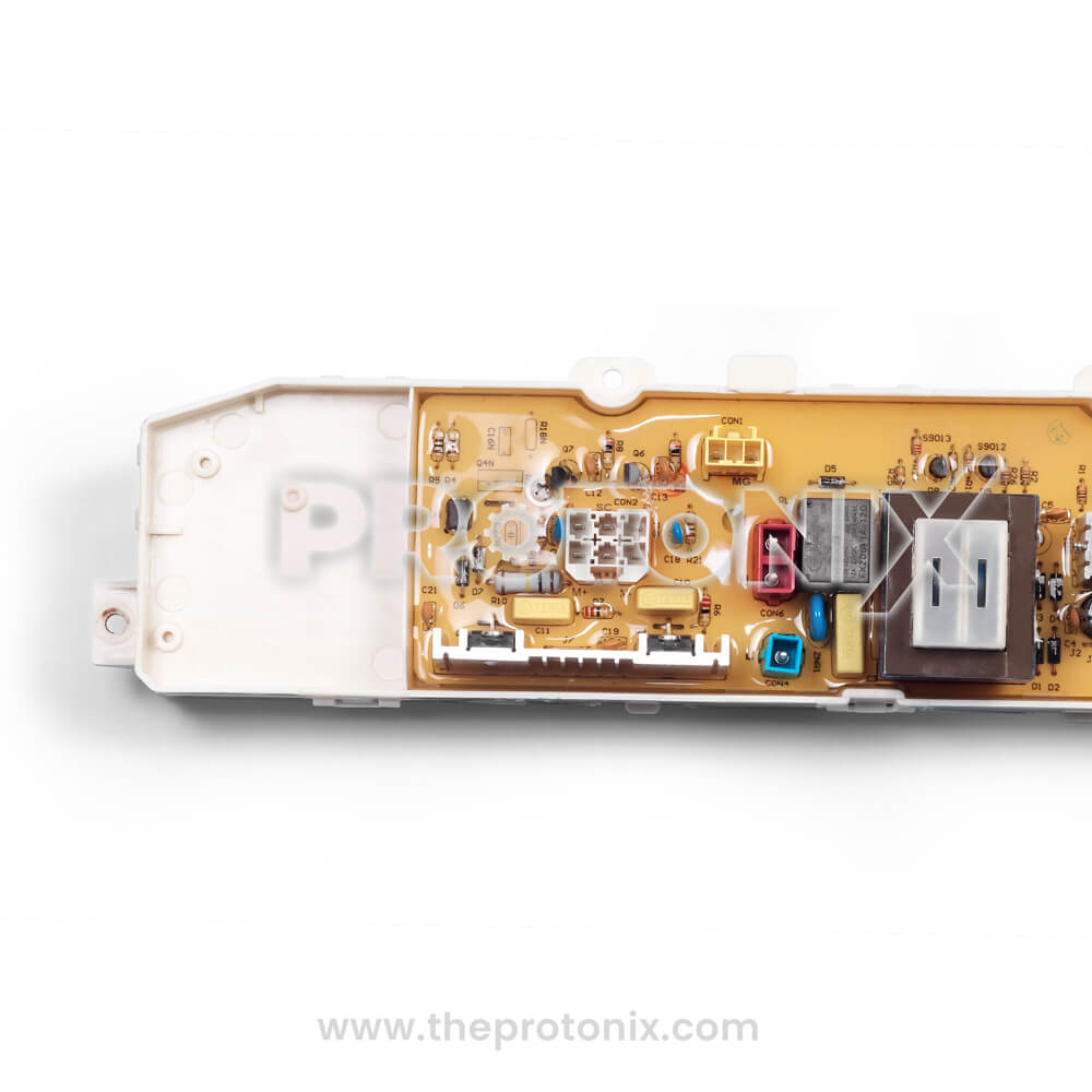 Component side view of LG top-load 11-button PCB EBR80600403 showing relays, transformer, and connector housing