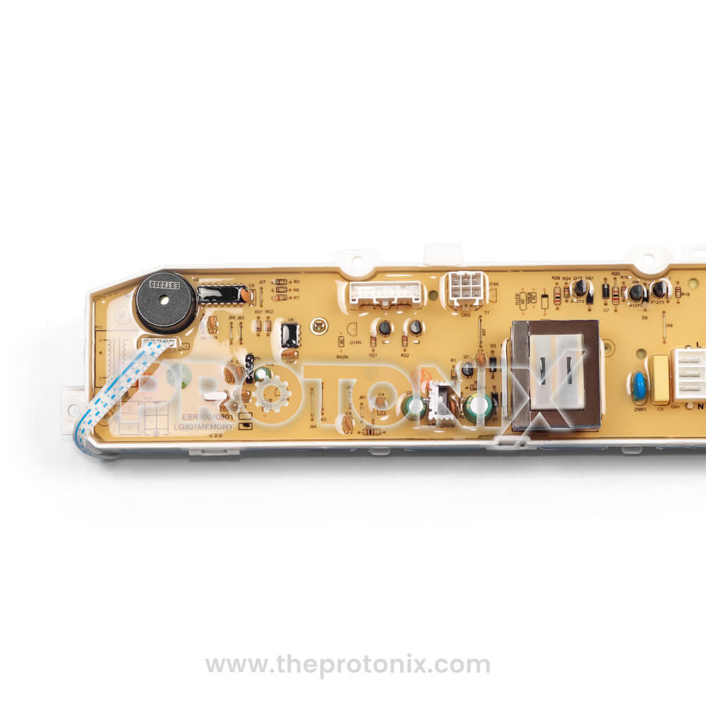 LG top-load 10-button PCB (LG801MEMORY) showing transformer and circuit components