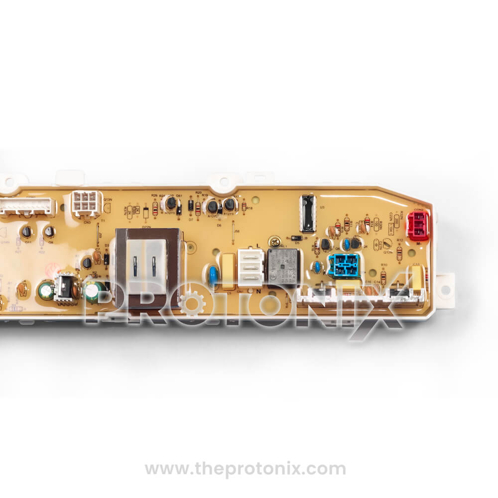 Side angle of LG top-load 10-button PCB (LG801MEMORY) highlighting build structure and port arrangement