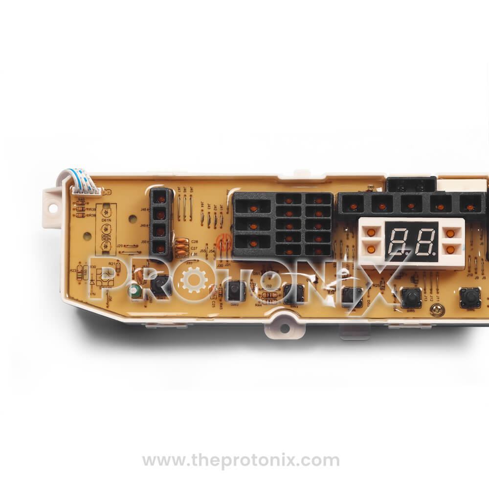 Close-up of LG top-load 10-button PCB (LG801MEMORY) circuit components