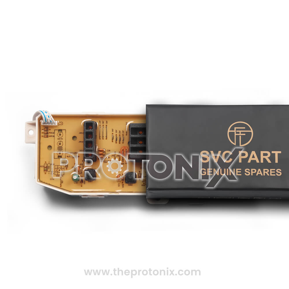 Top view of LG top-load 10-button PCB (LG801MEMORY) set inside packaging box