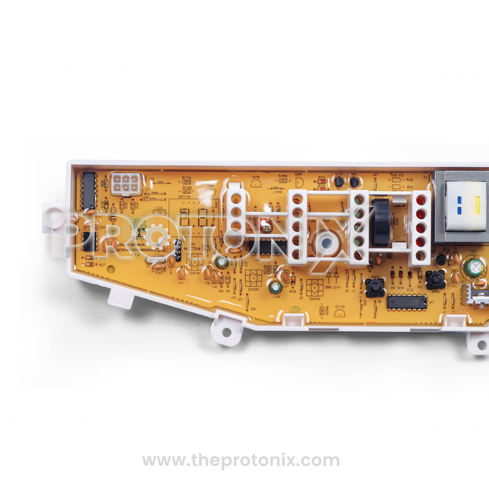 Close-up of Samsung top-load 4-button PCB (SS389A-MEMORY) showing circuit board and connectors