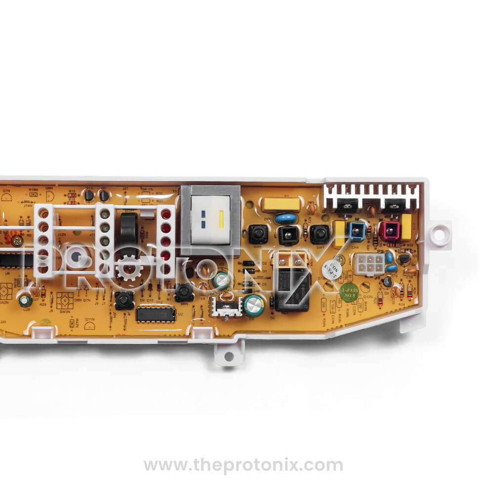 Samsung top-load 4-button PCB (SS389A-MEMORY) showing yellow board and electronic parts