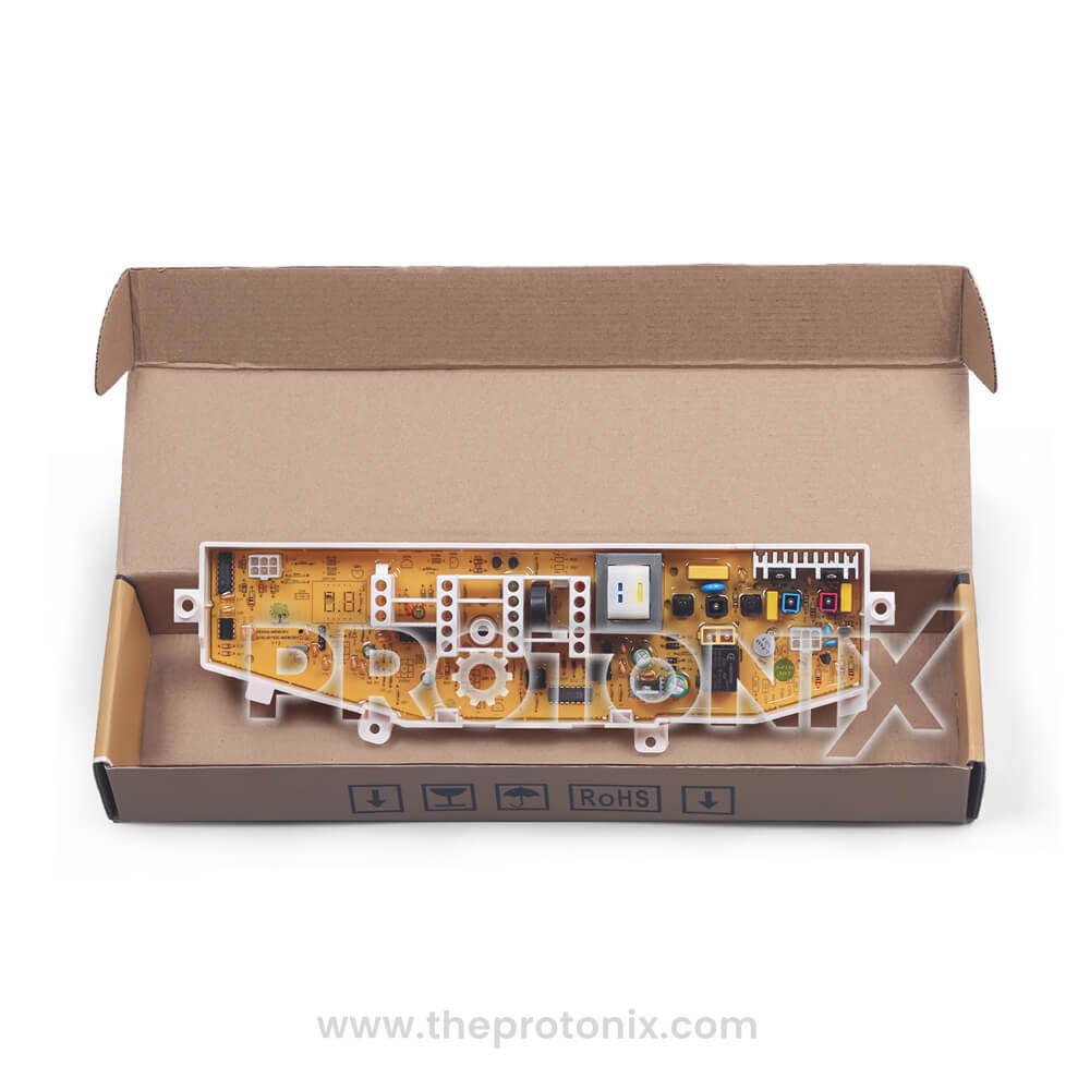 Samsung top-load 4-button PCB (SS389A-MEMORY) inside box for safe handling