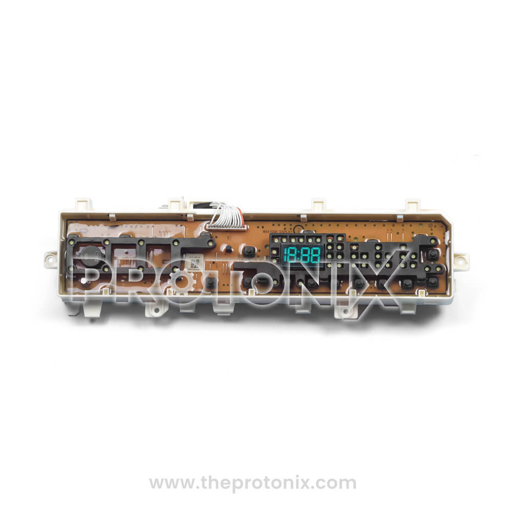 Front view of Samsung inverter top-load 11-button PCB showing circuit layout and buttons