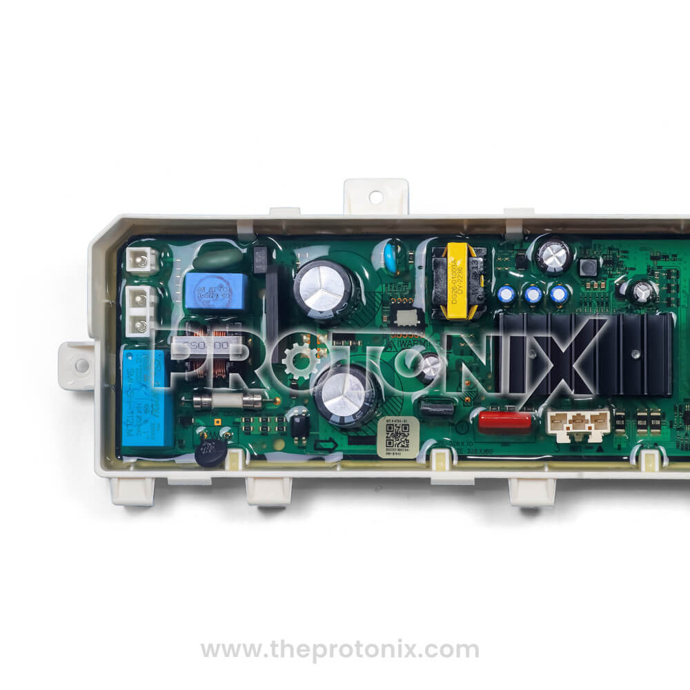 Close-up of Samsung inverter top-load 6-button PCB highlighting capacitors and wiring section