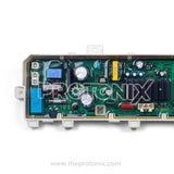 Close-up of Samsung inverter top-load 6-button PCB highlighting capacitors and wiring section