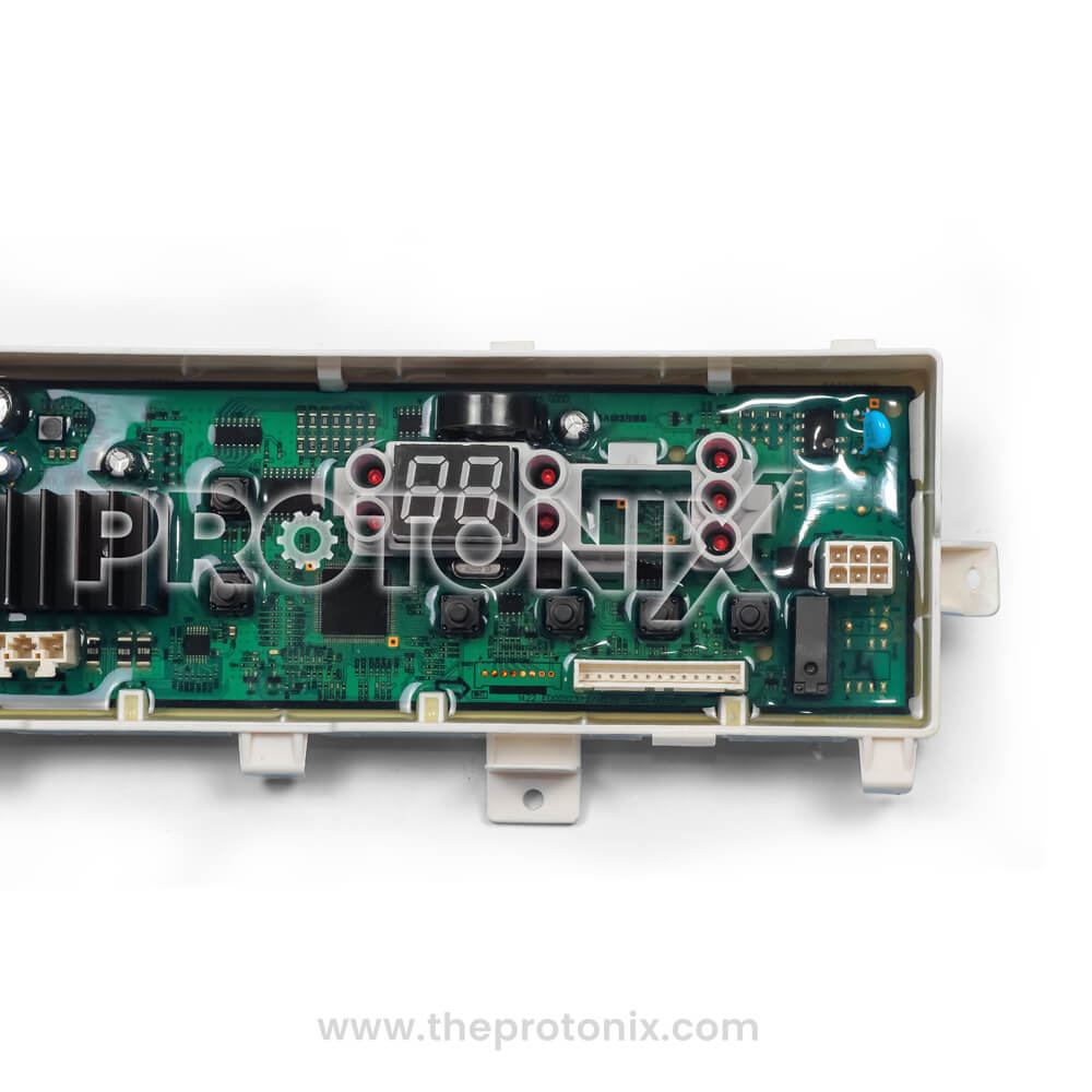 Side angle of Samsung inverter top-load 6-button PCB with connectors and components