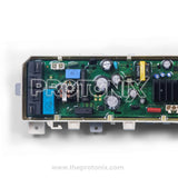 Close-up of type-1 Samsung inverter top-load PCB showing IC chips, capacitors, and black heat sink 12-button