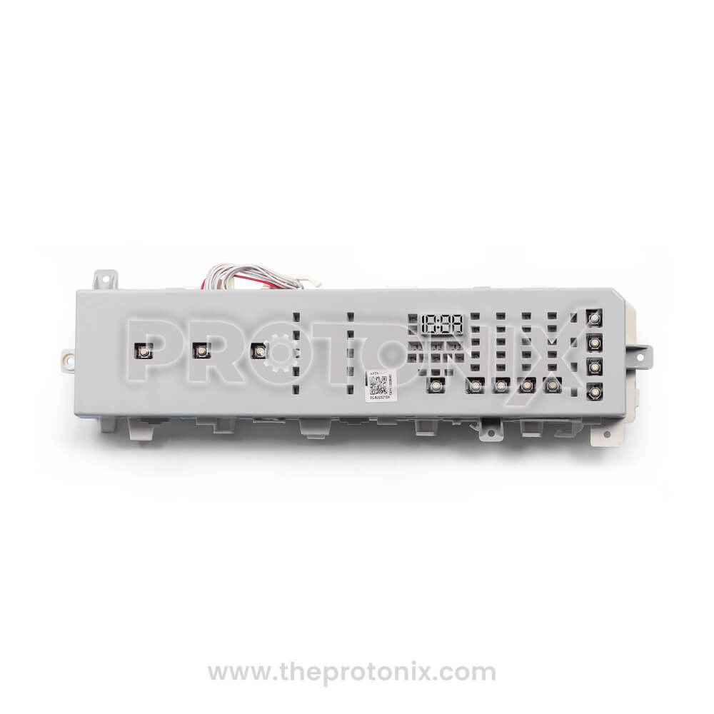 Back view of Samsung inverter top-load 12-button PCB 2-relay type-1 with grey cover and wiring section