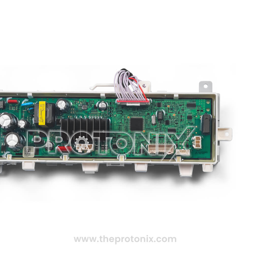 Close-up of Samsung inverter top-load 12-button PCB 2-relay type-2 showing capacitor and wiring section