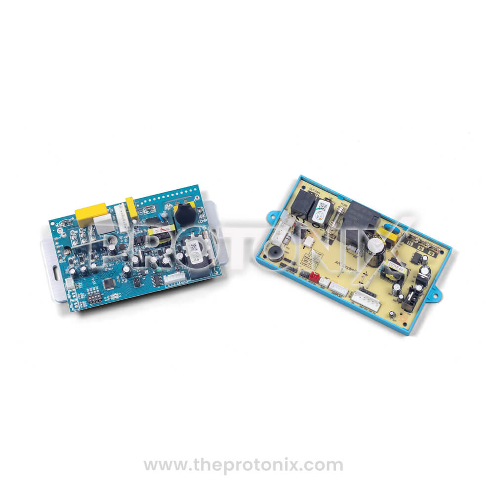 Side by side angle of universal split AC PCB DC/AC inverter type showing board layout and connectors