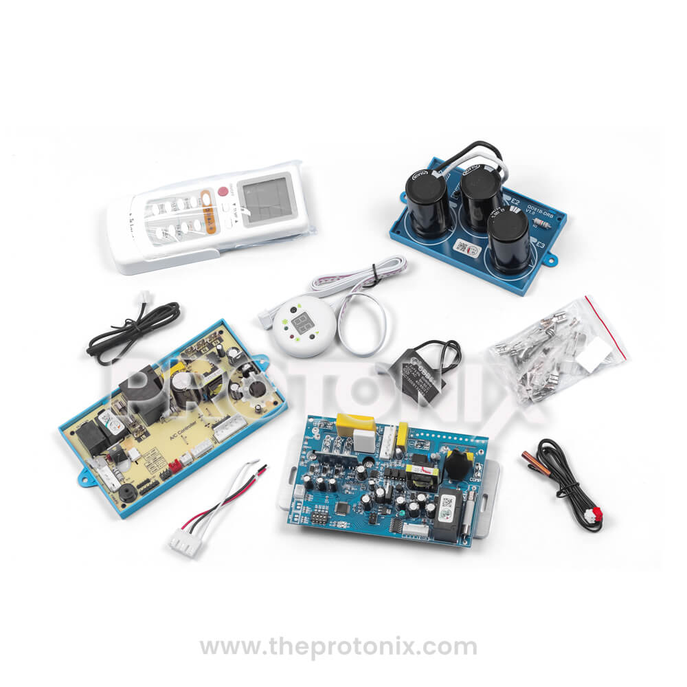 Top view of universal split AC PCB DC/AC inverter type with electronic parts and remote