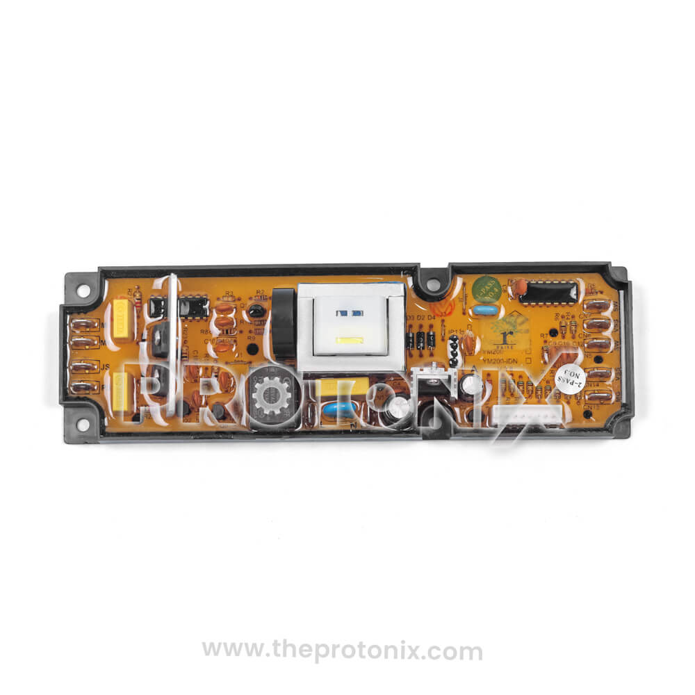Front view of universal top-load washing machine PCB YM200 with orange board and electronic parts