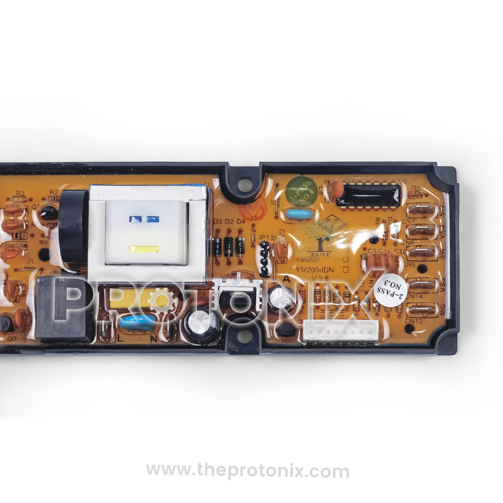 Side close-up of of universal top-load washing machine PCB YM200 electronic control module