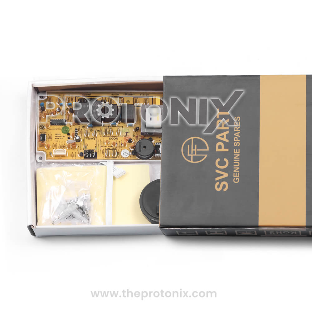 Universal front load washing machine PCB YM800 with digital control panel, knob, and accessory parts inside box