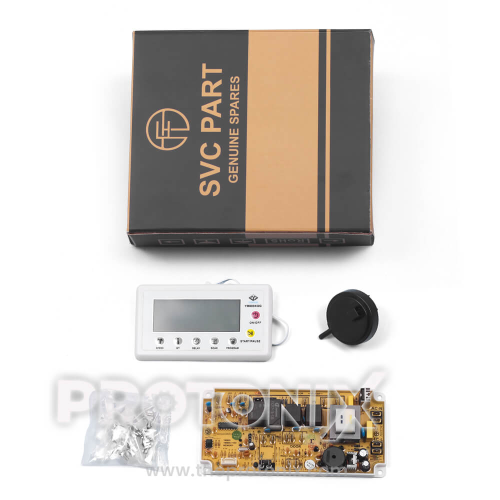 Top view of universal front-load washing machine PCB YM800 electronic control module with box