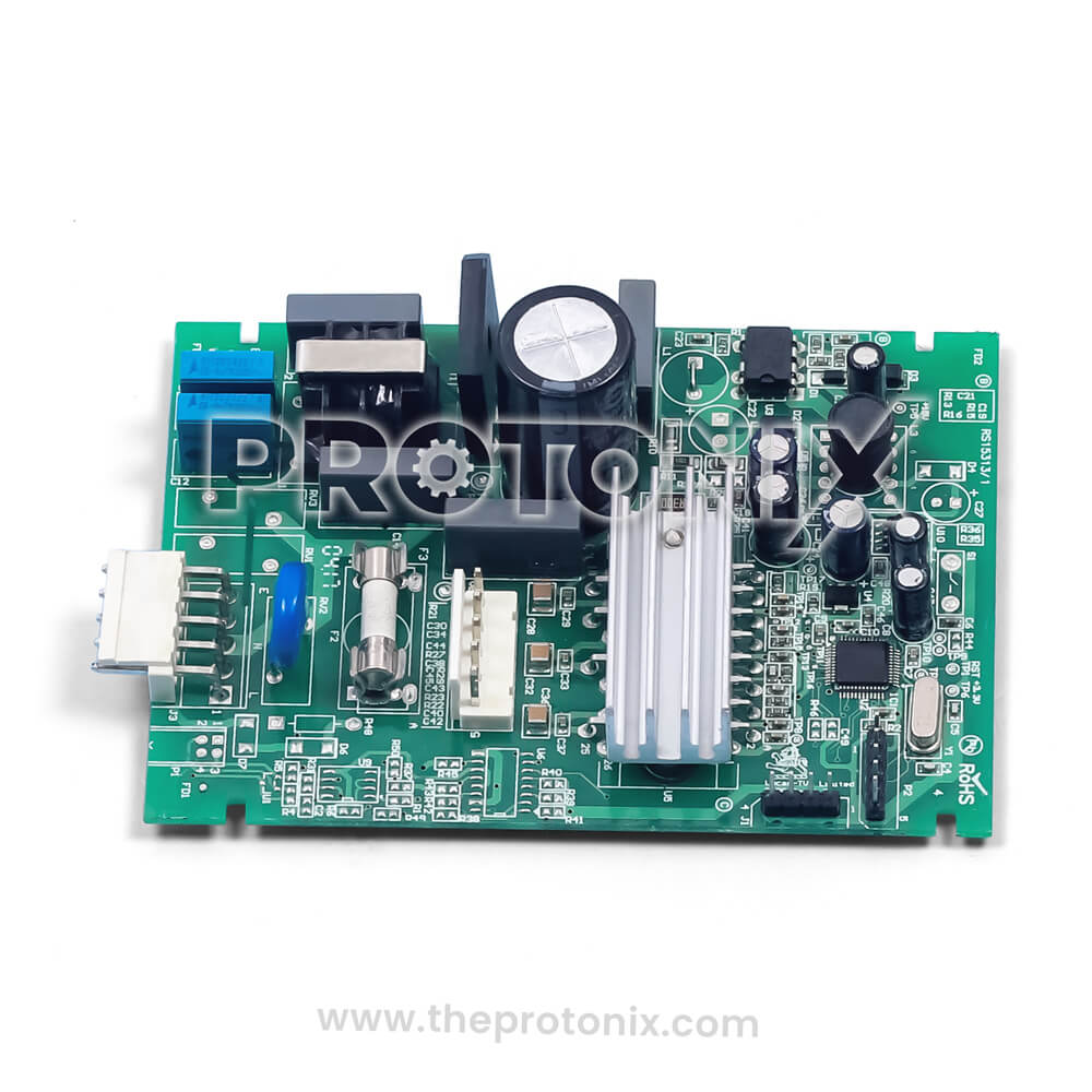 Godrej inverter refrigerator PCB (model-specific) showing relays, resistors, capacitors, and connectors