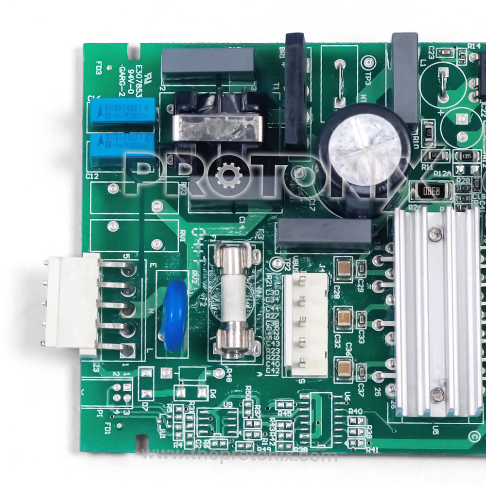 Close-up view of  Godrej inverter refrigerator PCB (model-specific) capacitors and relay section