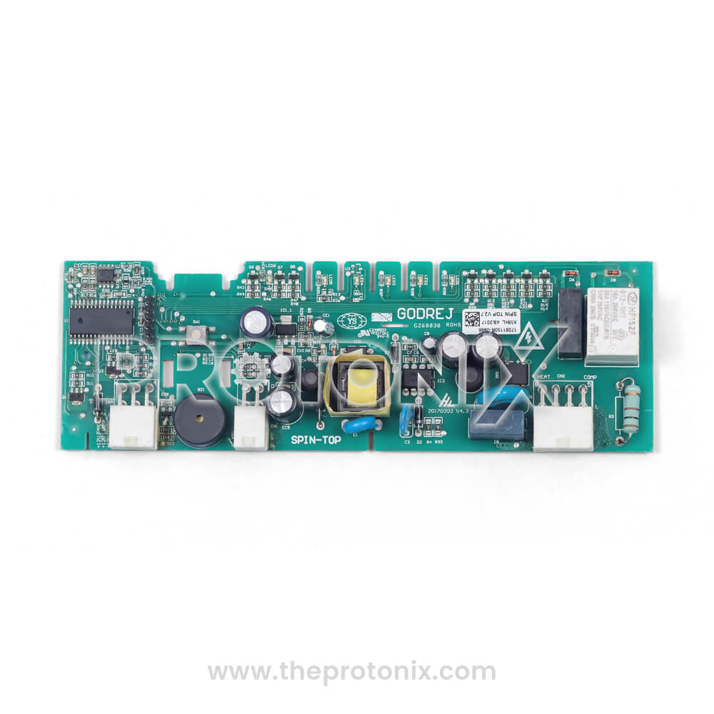 Front view of PCB for Godrej double-door refrigerator showing IC chip, relay, and fuse section