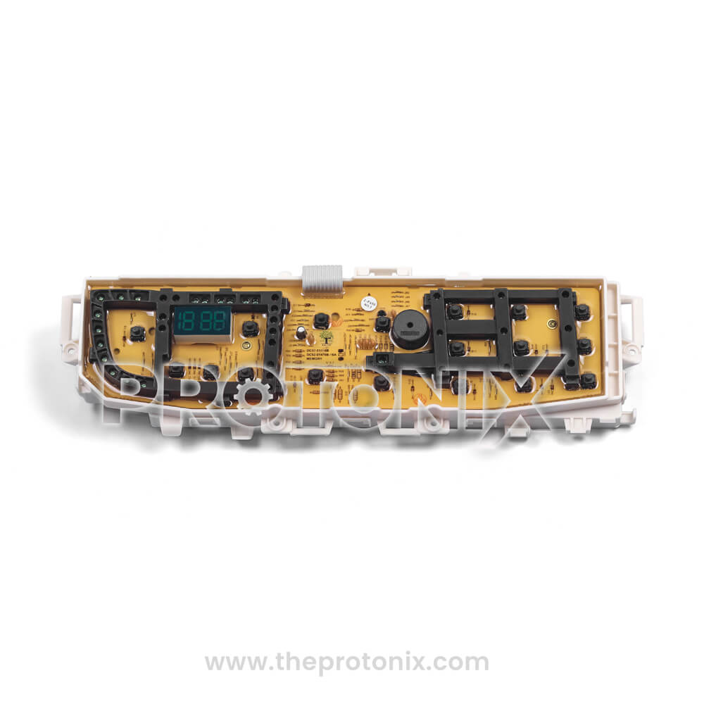 Front view of Samsung top-load 18-button PCB (DC92-01470B) highlighting connectors and circuit design