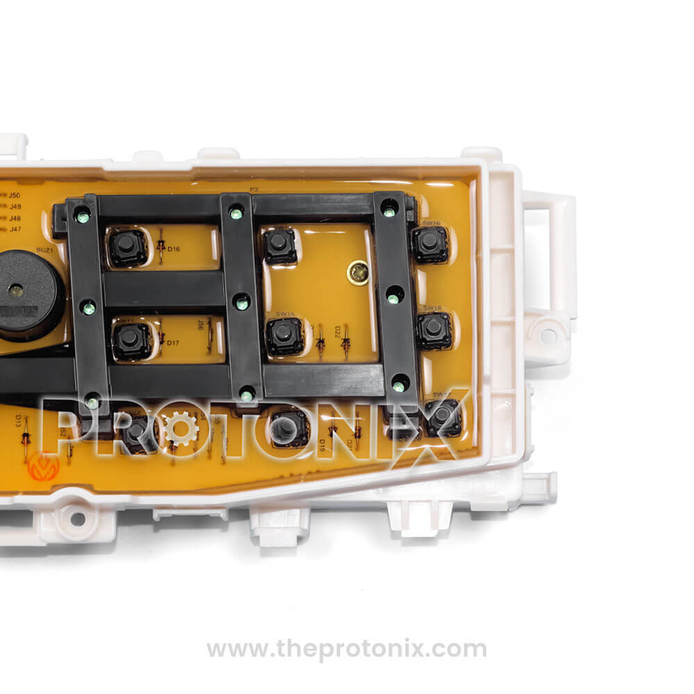 Half close-up of Samsung top-load 18-button PCB (DC92-01470B) made with strong PCB board and electronic parts