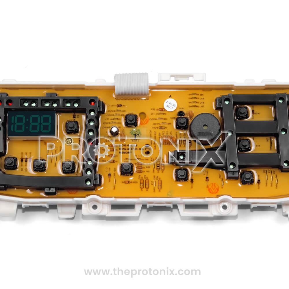 Half close-up of Samsung top-load 18-button PCB (DC92-01470B) made with strong PCB board and electronic parts