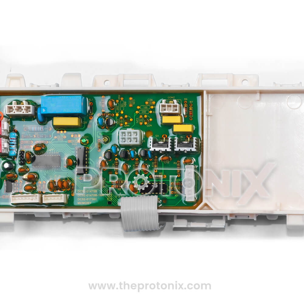 Samsung top-load 18 buttons (DC92-01470B) showing relays, capacitors, connectors, and fuse