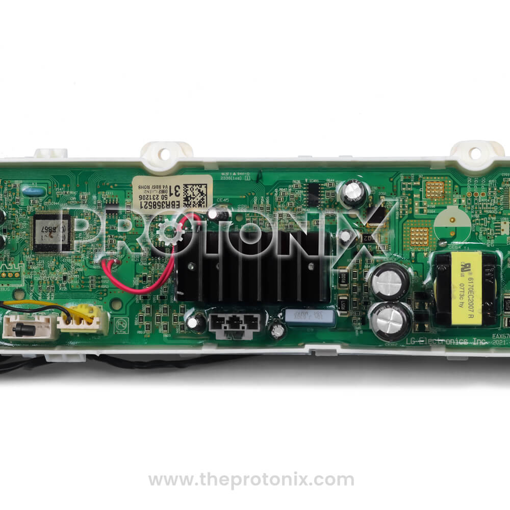 LG inverter top-load 5-button PCB focused section with capacitor, IC, and resistor build