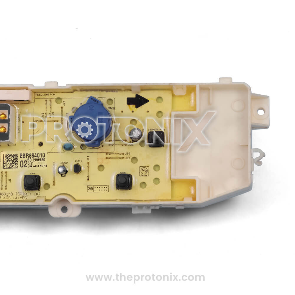Half close-up of LG inverter top-load 5-button PCB focused section with buttons