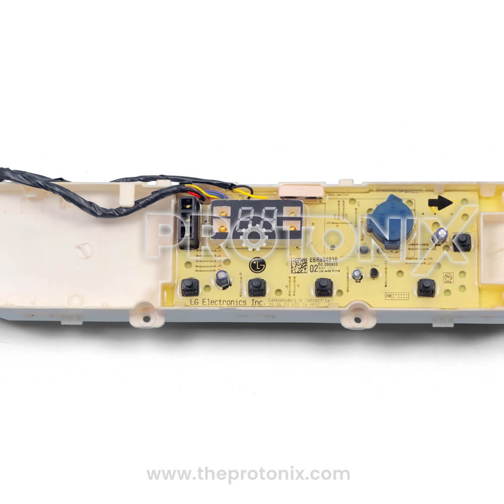 LG inverter top-load 5-button PCB with colored wires and LG logo