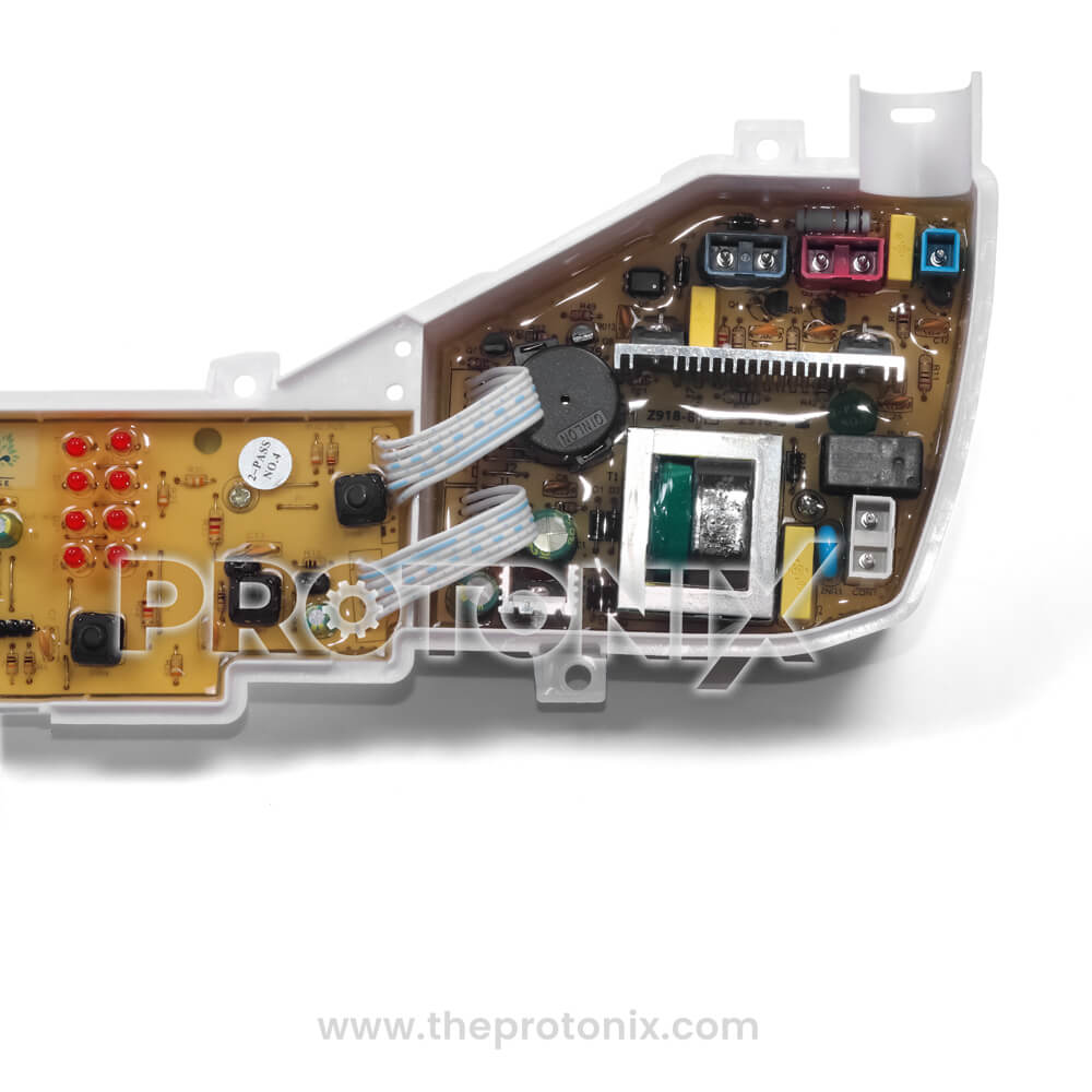 Half view of Haier top-load 5-button PCB (Z918-5) highlighting yellow board