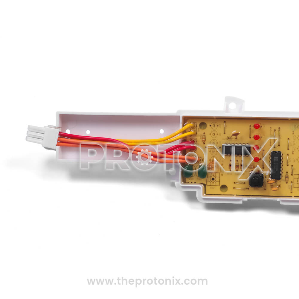 Close-up view of Haier top-load 5-button PCB (Z918-5) showing colored wires and connectors