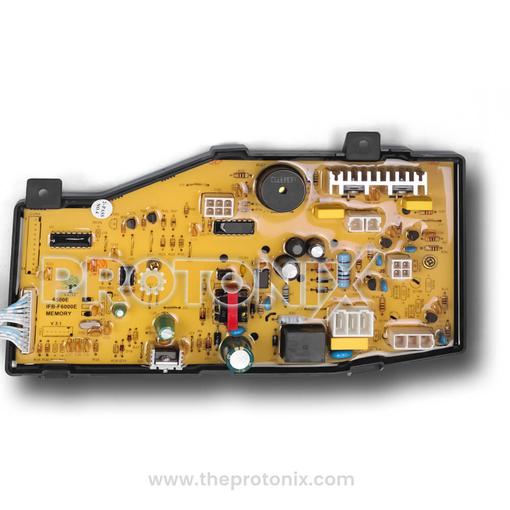 Front side of IFB top-load 7-button PCB (6500E) highlighting connectors and yellow board