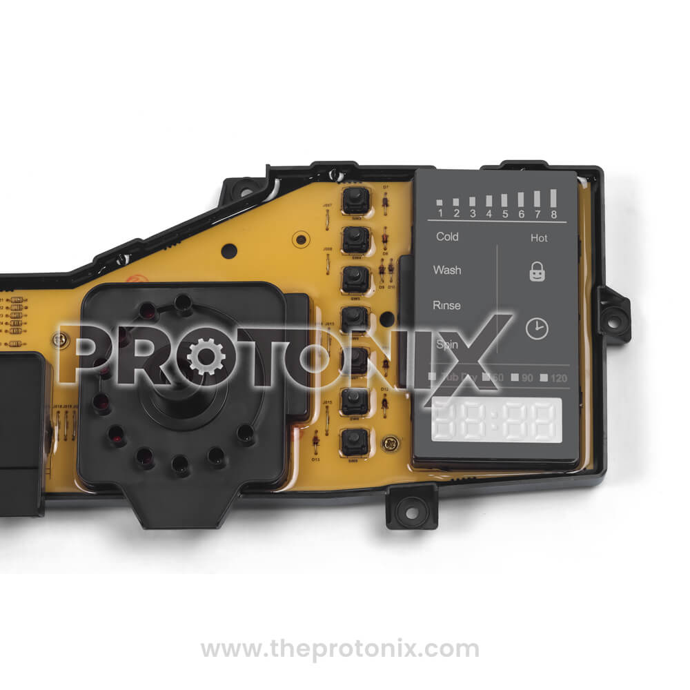 Close-up of IFB top-load 7-button PCB (6500E) compact design for washing machine electronic control
