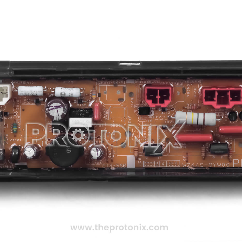 Panasonic top-load 10-button PCB showing capacitors, connectors, IC chips, and relays