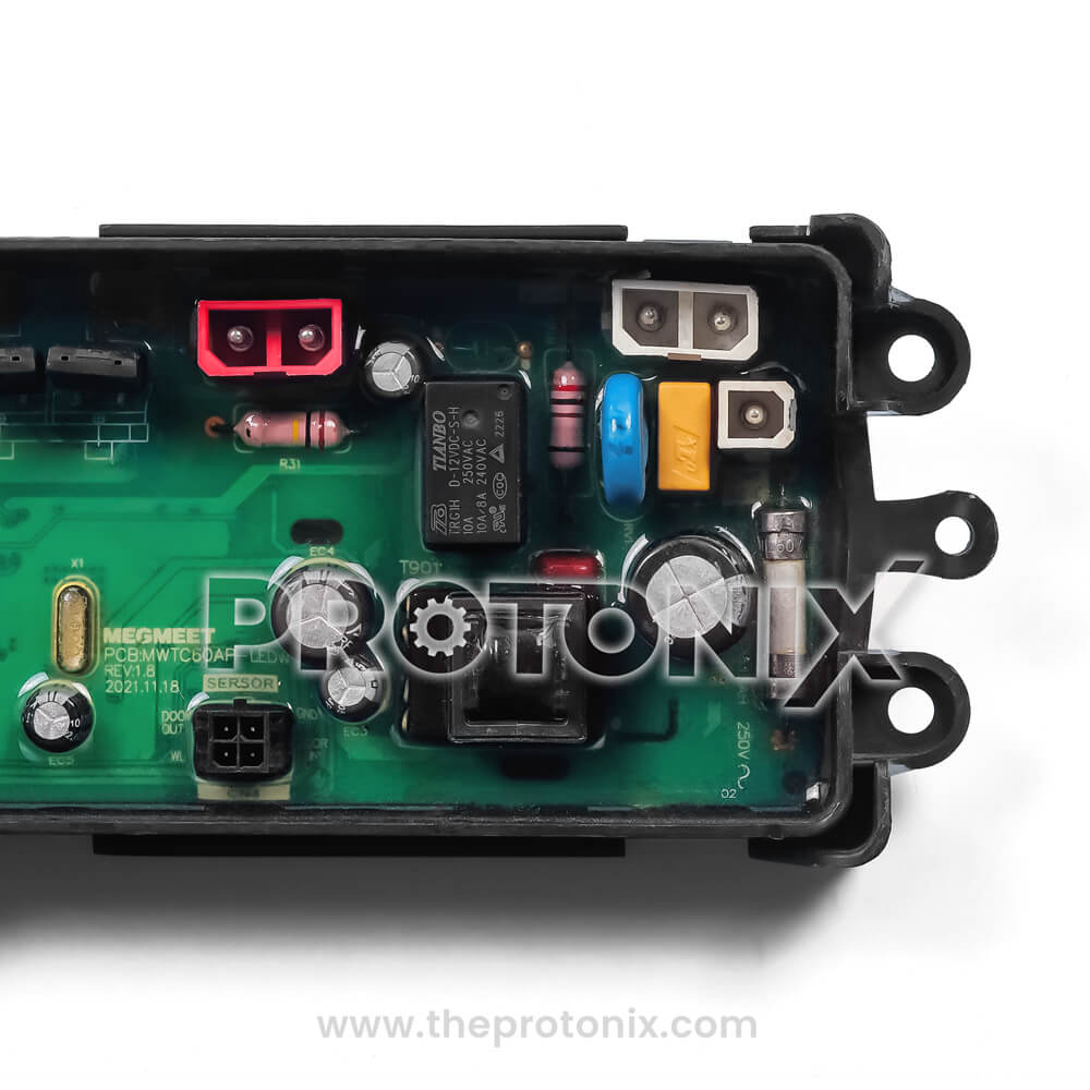 Half close-up f Panasonic top-load 4-button PCB with relay and connector parts